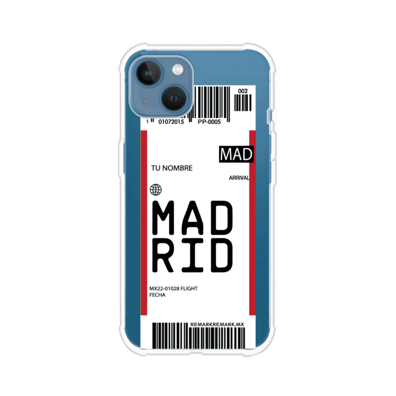 Funda personalizada estilo pase de abordar con diseño de Madrid y código MAD, personalizable con nombre y datos de vuelo; producto de Remark MX para iPhone