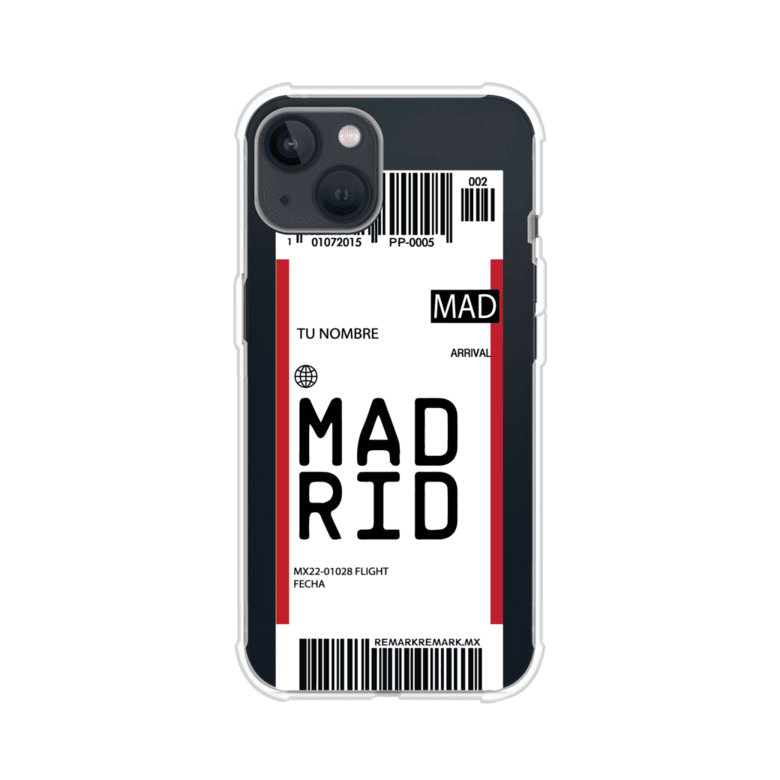 Funda personalizada estilo pase de abordar con diseño de Madrid y código MAD, personalizable con nombre y datos de vuelo; producto de Remark MX para iPhone