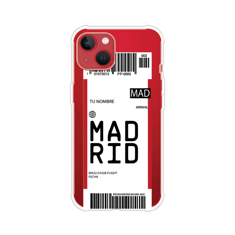 Funda personalizada estilo pase de abordar con diseño de Madrid y código MAD, personalizable con nombre y datos de vuelo; producto de Remark MX para iPhone