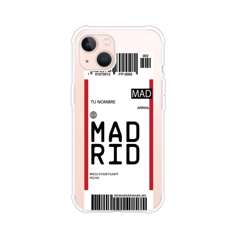 Funda personalizada estilo pase de abordar con diseño de Madrid y código MAD, personalizable con nombre y datos de vuelo; producto de Remark MX para iPhone
