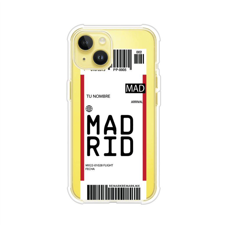 Funda personalizada estilo pase de abordar con diseño de Madrid y código MAD, personalizable con nombre y datos de vuelo; producto de Remark MX para iPhone