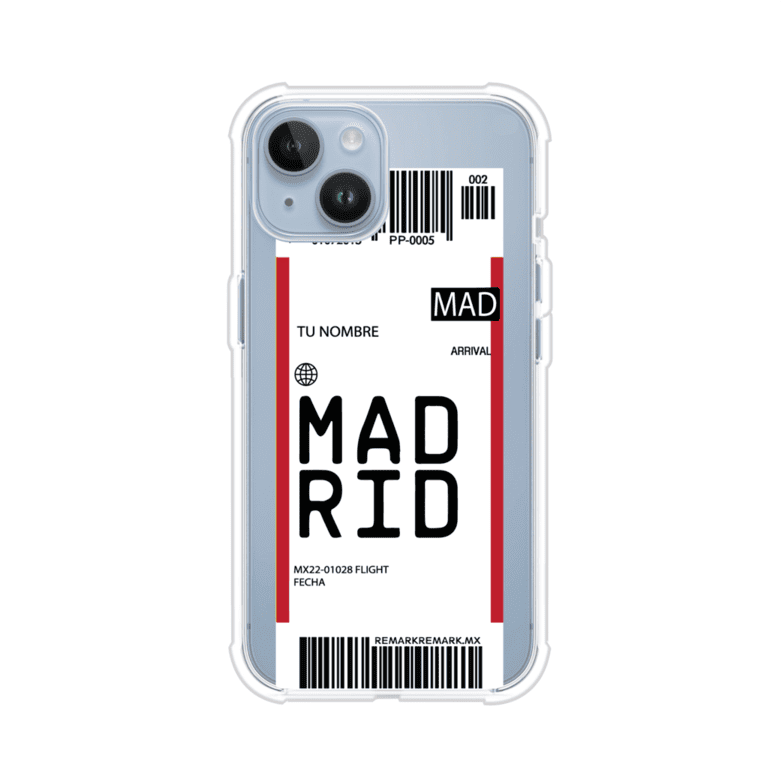 Funda personalizada estilo pase de abordar con diseño de Madrid y código MAD, personalizable con nombre y datos de vuelo; producto de Remark MX para iPhone