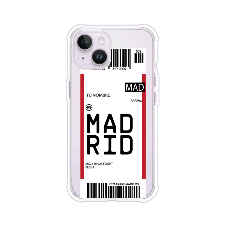 Funda personalizada estilo pase de abordar con diseño de Madrid y código MAD, personalizable con nombre y datos de vuelo; producto de Remark MX para iPhone