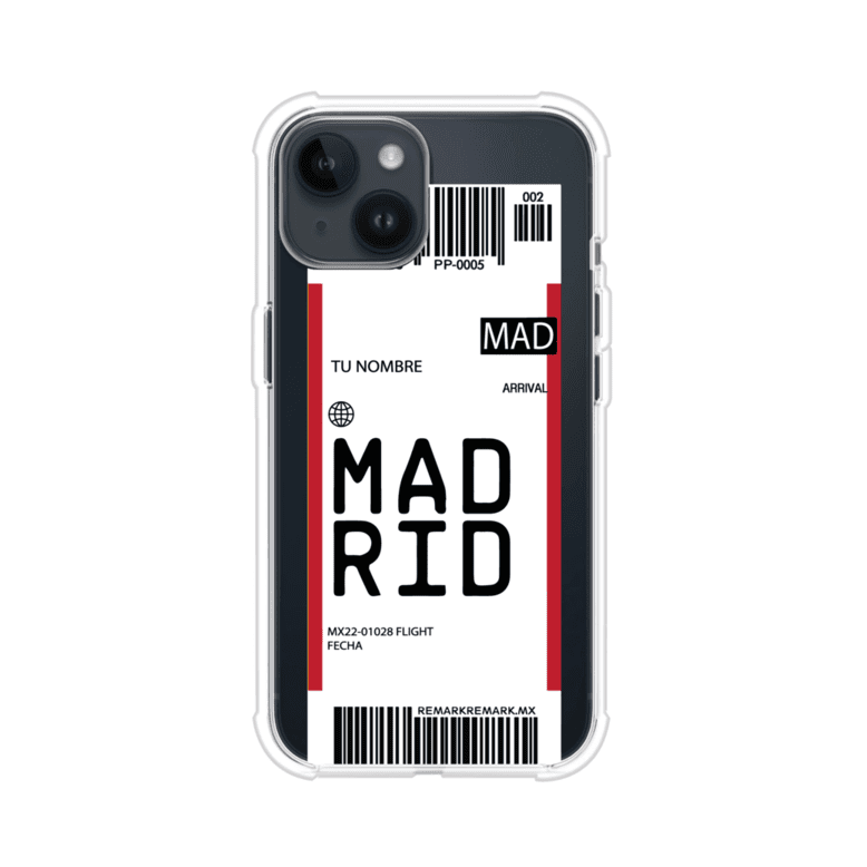 Funda personalizada estilo pase de abordar con diseño de Madrid y código MAD, personalizable con nombre y datos de vuelo; producto de Remark MX para iPhone