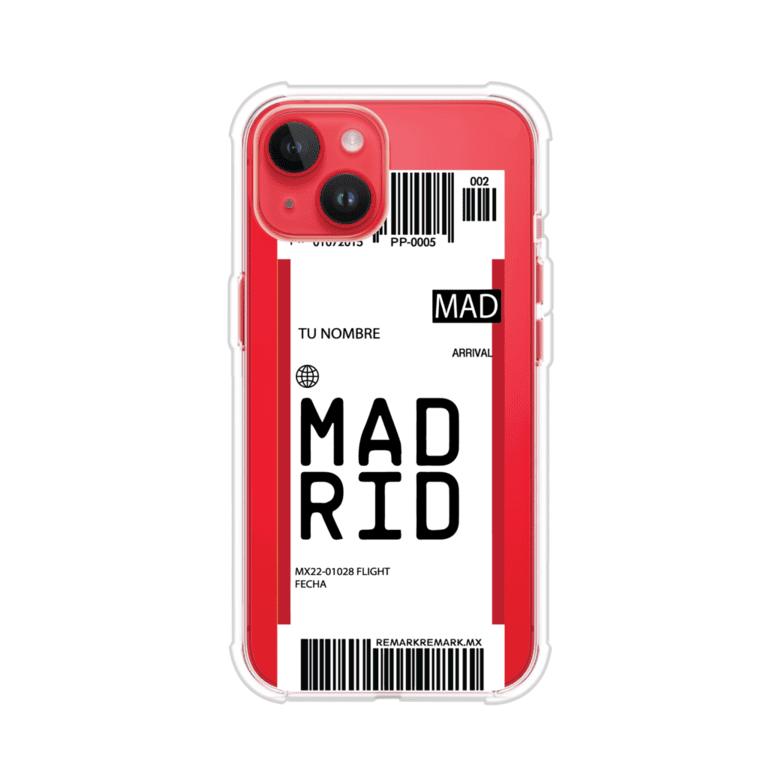 Funda personalizada estilo pase de abordar con diseño de Madrid y código MAD, personalizable con nombre y datos de vuelo; producto de Remark MX para iPhone