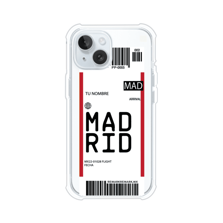 Funda personalizada estilo pase de abordar con diseño de Madrid y código MAD, personalizable con nombre y datos de vuelo; producto de Remark MX para iPhone