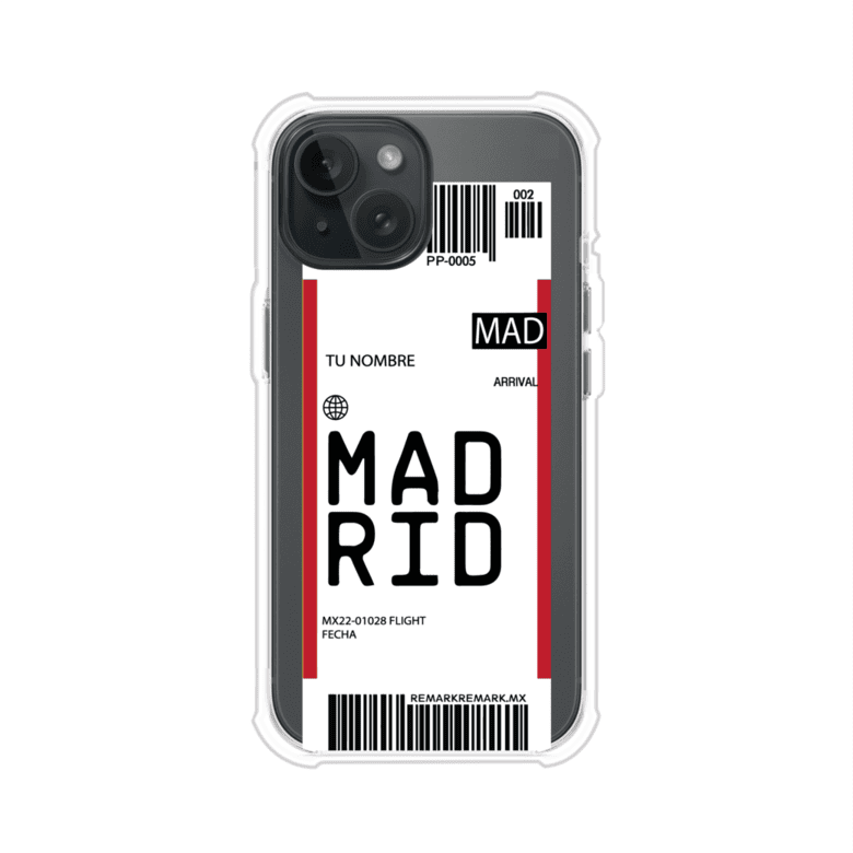 Funda personalizada estilo pase de abordar con diseño de Madrid y código MAD, personalizable con nombre y datos de vuelo; producto de Remark MX para iPhone