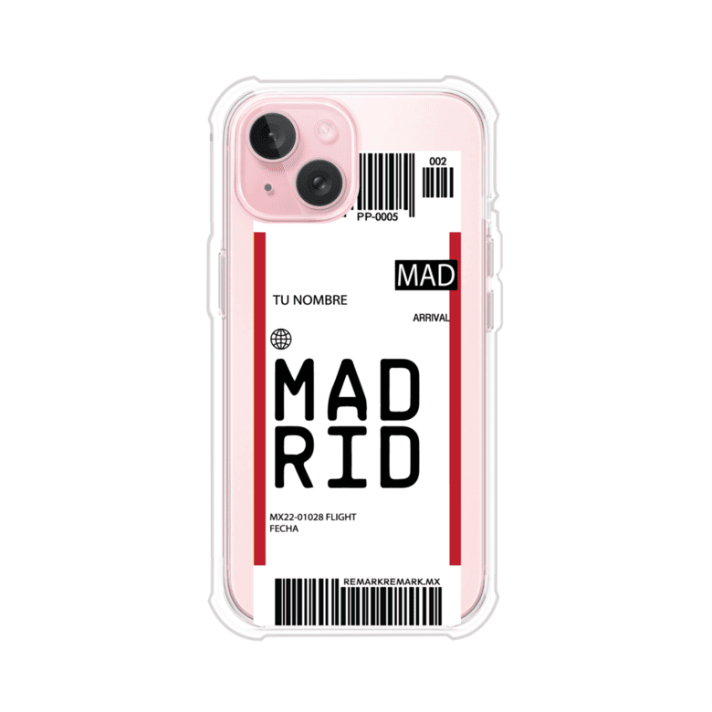Funda personalizada estilo pase de abordar con diseño de Madrid y código MAD, personalizable con nombre y datos de vuelo; producto de Remark MX para iPhone
