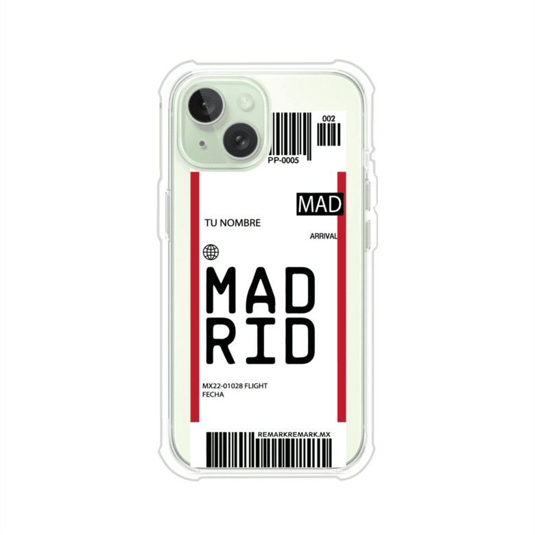 Funda personalizada estilo pase de abordar con diseño de Madrid y código MAD, personalizable con nombre y datos de vuelo; producto de Remark MX para iPhone