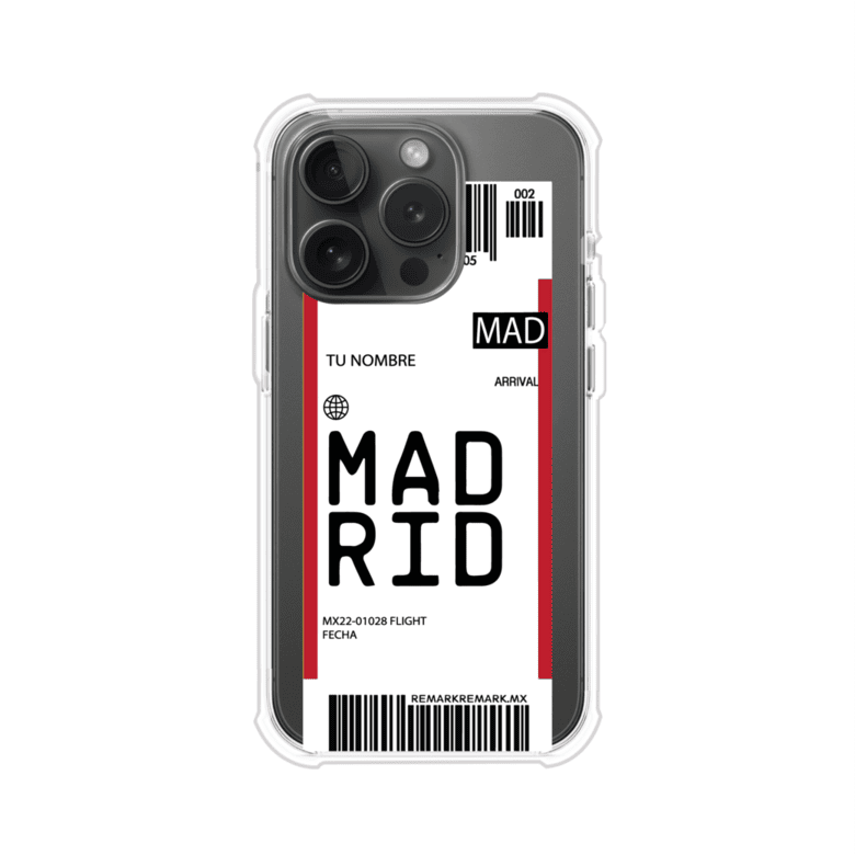 Funda personalizada estilo pase de abordar con diseño de Madrid y código MAD, personalizable con nombre y datos de vuelo; producto de Remark MX para iPhone