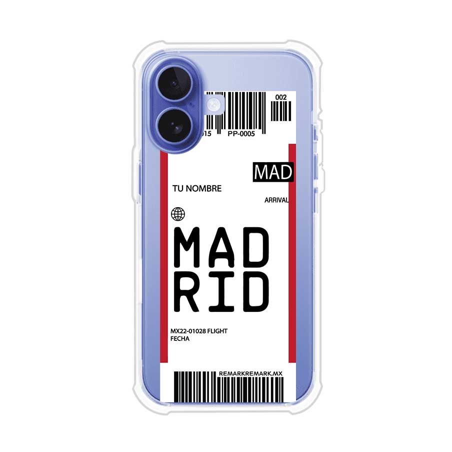 Funda personalizada estilo pase de abordar con diseño de Madrid y código MAD, personalizable con nombre y datos de vuelo; producto de Remark MX para iPhone