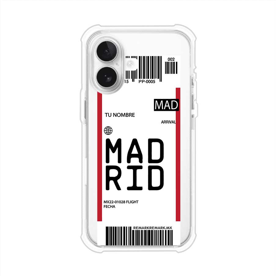 Funda personalizada estilo pase de abordar con diseño de Madrid y código MAD, personalizable con nombre y datos de vuelo; producto de Remark MX para iPhone