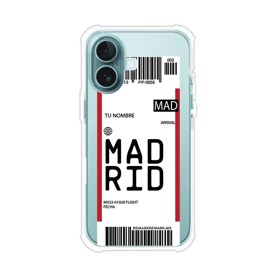 Funda personalizada estilo pase de abordar con diseño de Madrid y código MAD, personalizable con nombre y datos de vuelo; producto de Remark MX para iPhone