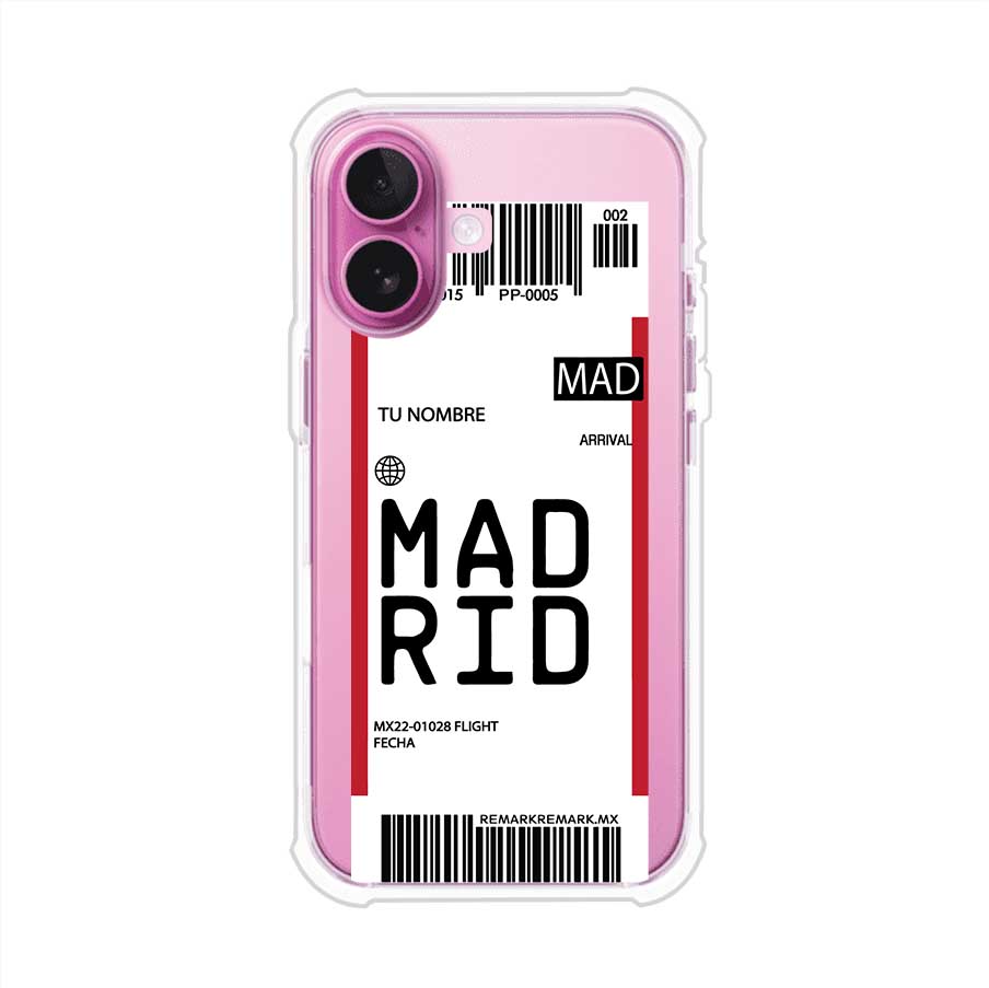 Funda personalizada estilo pase de abordar con diseño de Madrid y código MAD, personalizable con nombre y datos de vuelo; producto de Remark MX para iPhone