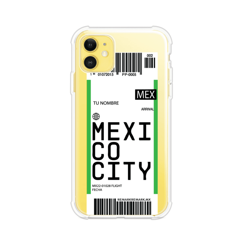 Funda personalizada estilo pase de abordar con diseño de Mexico y código MEX, personalizable con nombre y datos de vuelo; producto de Remark MX para iPhone