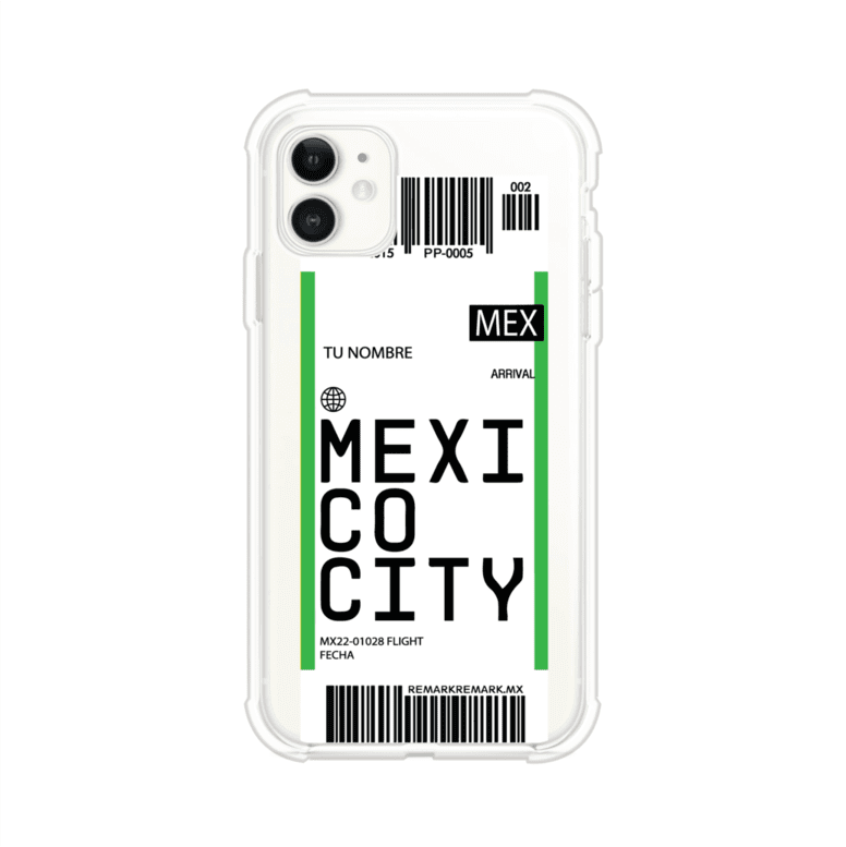 Funda personalizada estilo pase de abordar con diseño de Mexico y código MEX, personalizable con nombre y datos de vuelo; producto de Remark MX para iPhone