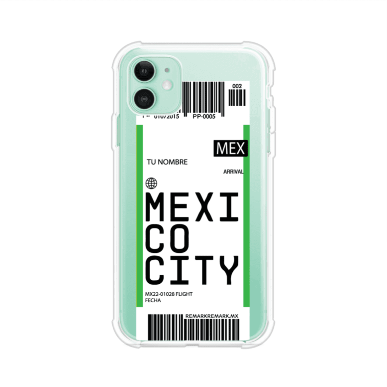 Funda personalizada estilo pase de abordar con diseño de Mexico y código MEX, personalizable con nombre y datos de vuelo; producto de Remark MX para iPhone