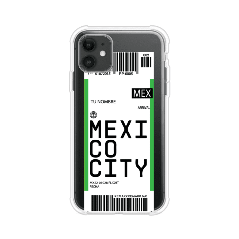 Funda personalizada estilo pase de abordar con diseño de Mexico y código MEX, personalizable con nombre y datos de vuelo; producto de Remark MX para iPhone