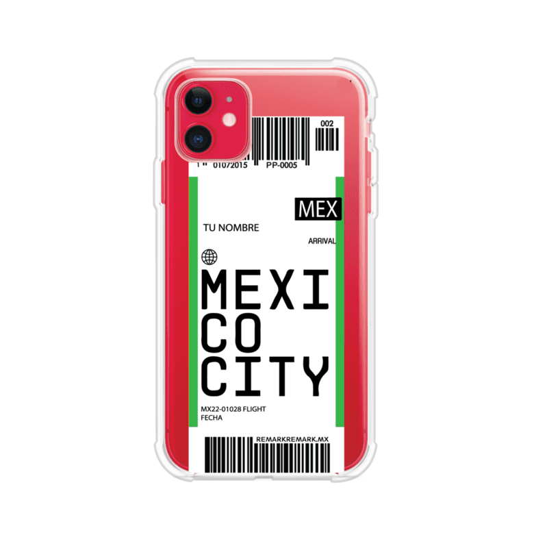 Funda personalizada estilo pase de abordar con diseño de Mexico y código MEX, personalizable con nombre y datos de vuelo; producto de Remark MX para iPhone