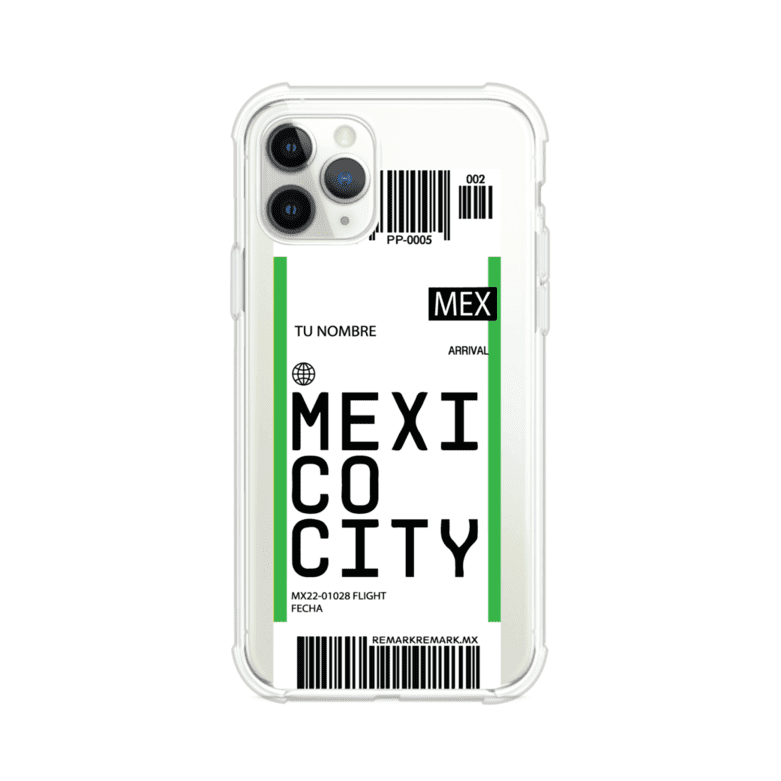 Funda personalizada estilo pase de abordar con diseño de Mexico y código MEX, personalizable con nombre y datos de vuelo; producto de Remark MX para iPhone