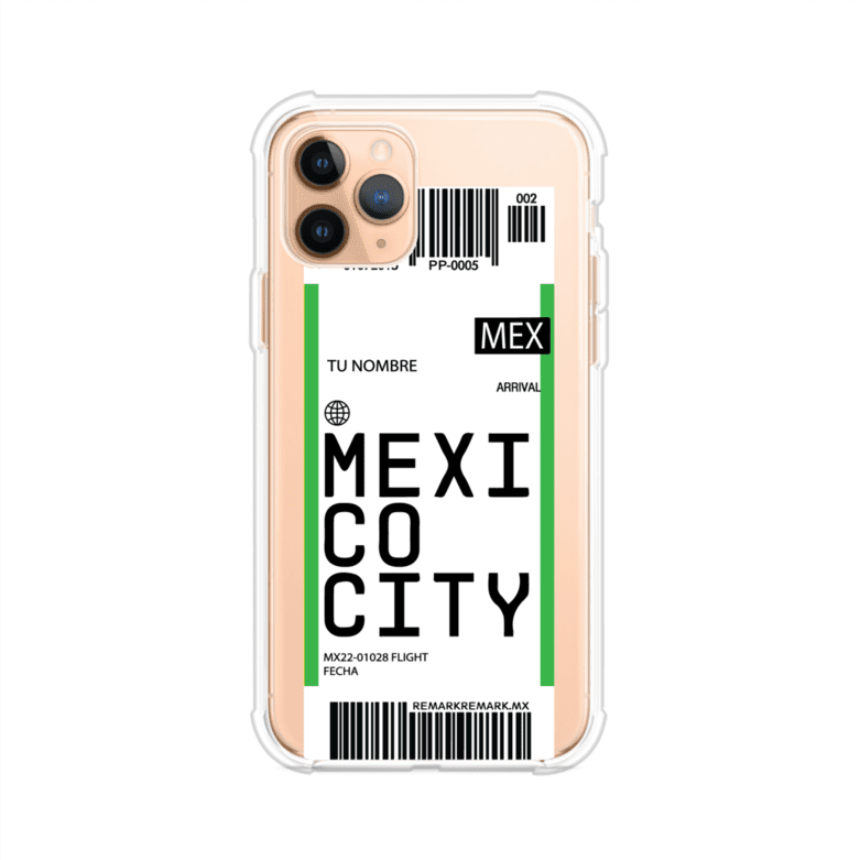 Funda personalizada estilo pase de abordar con diseño de Mexico y código MEX, personalizable con nombre y datos de vuelo; producto de Remark MX para iPhone