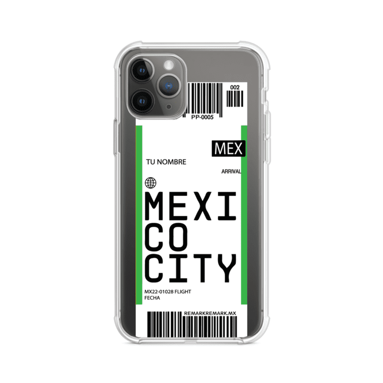 Funda personalizada estilo pase de abordar con diseño de Mexico y código MEX, personalizable con nombre y datos de vuelo; producto de Remark MX para iPhone