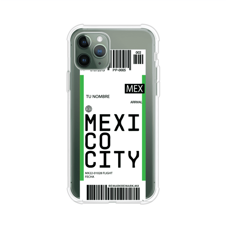 Funda personalizada estilo pase de abordar con diseño de Mexico y código MEX, personalizable con nombre y datos de vuelo; producto de Remark MX para iPhone