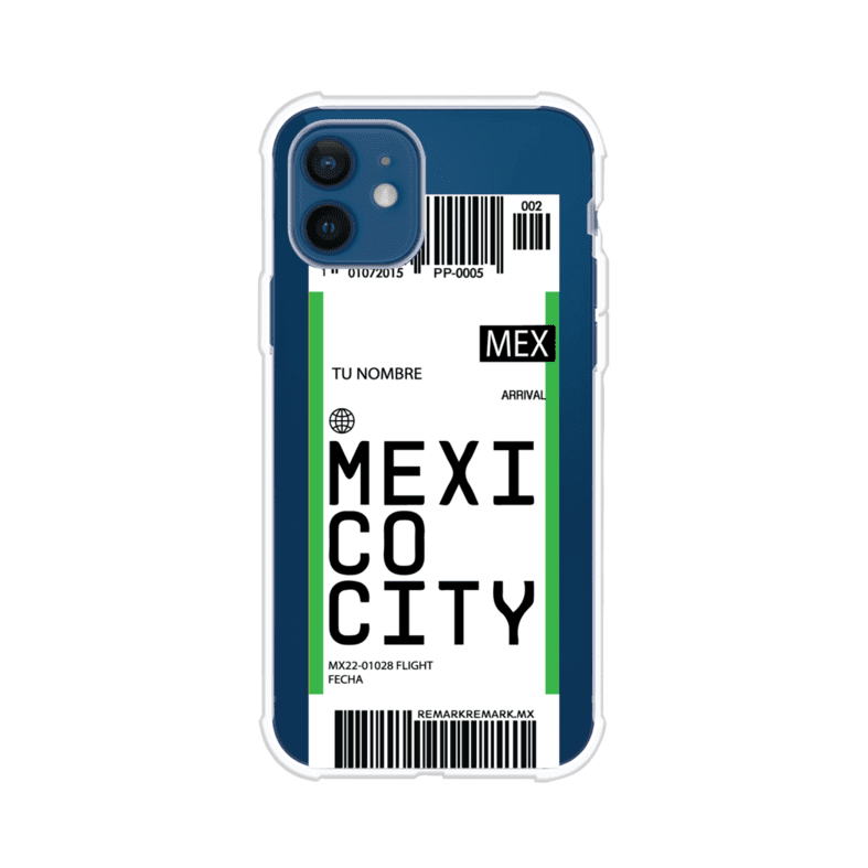Funda personalizada estilo pase de abordar con diseño de Mexico y código MEX, personalizable con nombre y datos de vuelo; producto de Remark MX para iPhone