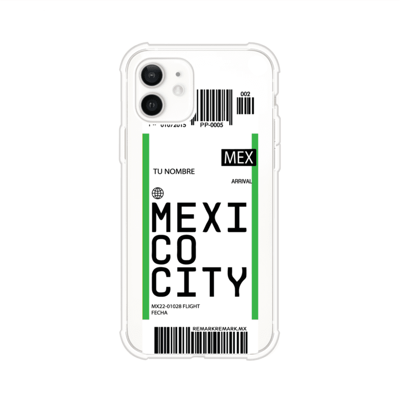 Funda personalizada estilo pase de abordar con diseño de Mexico y código MEX, personalizable con nombre y datos de vuelo; producto de Remark MX para iPhone