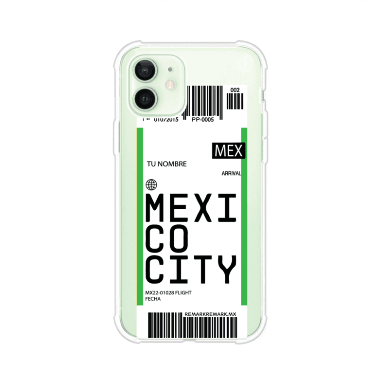 Funda personalizada estilo pase de abordar con diseño de Mexico y código MEX, personalizable con nombre y datos de vuelo; producto de Remark MX para iPhone