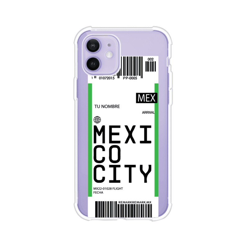Funda personalizada estilo pase de abordar con diseño de Mexico y código MEX, personalizable con nombre y datos de vuelo; producto de Remark MX para iPhone