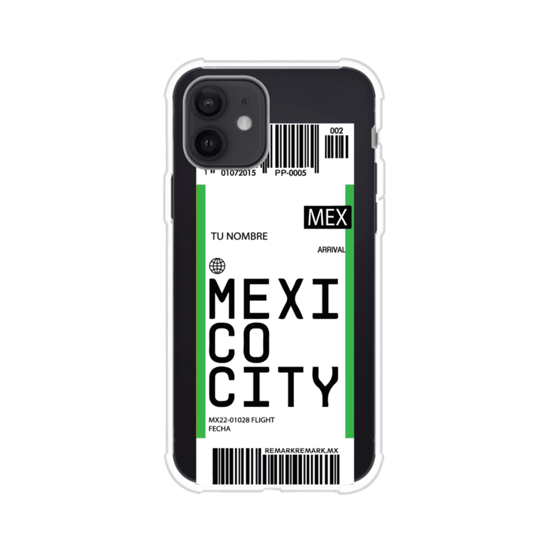Funda personalizada estilo pase de abordar con diseño de Mexico y código MEX, personalizable con nombre y datos de vuelo; producto de Remark MX para iPhone