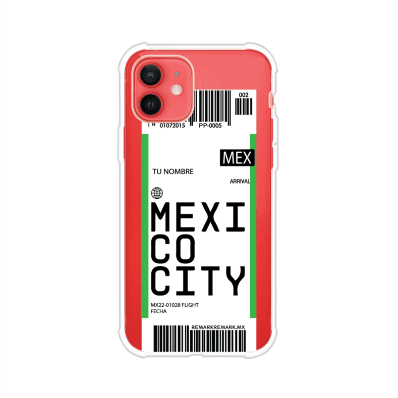 Funda personalizada estilo pase de abordar con diseño de Mexico y código MEX, personalizable con nombre y datos de vuelo; producto de Remark MX para iPhone