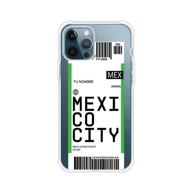 Funda personalizada estilo pase de abordar con diseño de Mexico y código MEX, personalizable con nombre y datos de vuelo; producto de Remark MX para iPhone