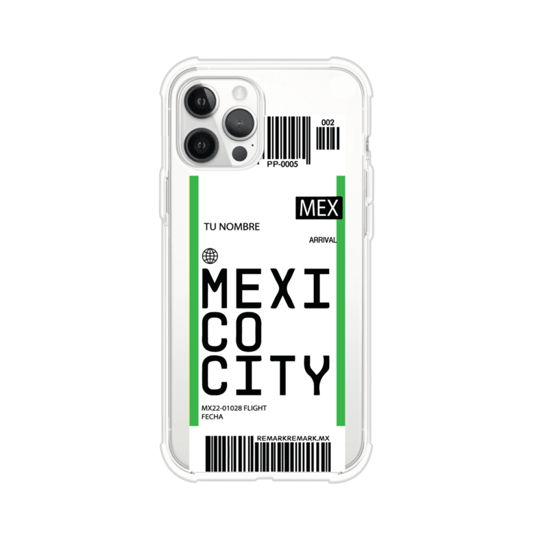Funda personalizada estilo pase de abordar con diseño de Mexico y código MEX, personalizable con nombre y datos de vuelo; producto de Remark MX para iPhone