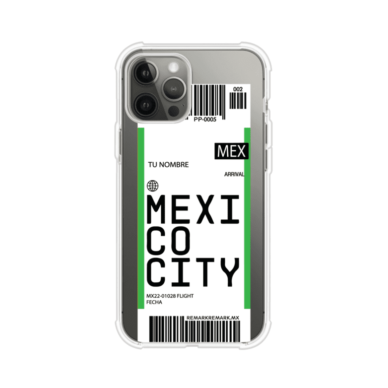 Funda personalizada estilo pase de abordar con diseño de Mexico y código MEX, personalizable con nombre y datos de vuelo; producto de Remark MX para iPhone