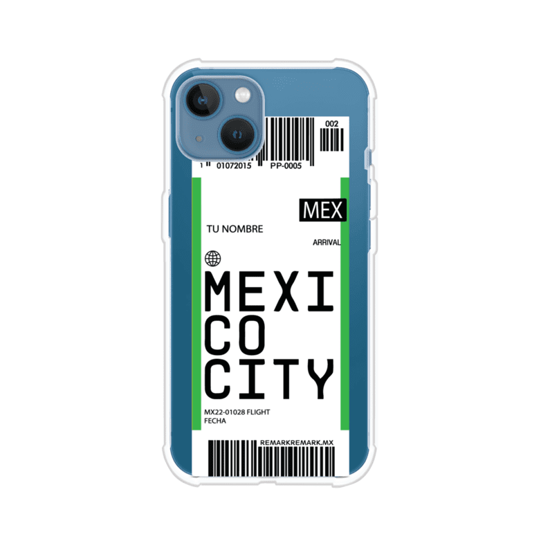 Funda personalizada estilo pase de abordar con diseño de Mexico y código MEX, personalizable con nombre y datos de vuelo; producto de Remark MX para iPhone