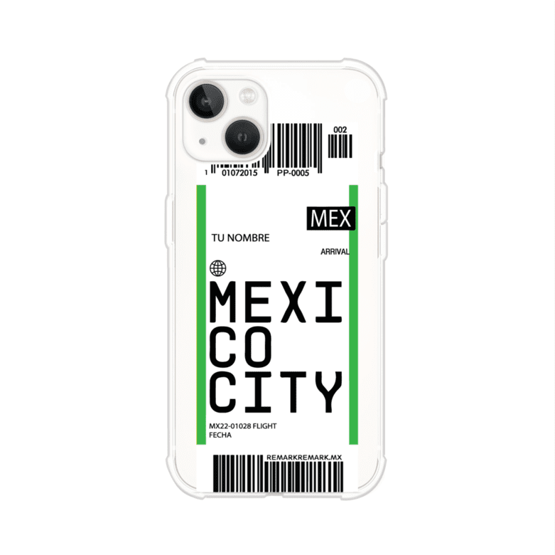 Funda personalizada estilo pase de abordar con diseño de Mexico y código MEX, personalizable con nombre y datos de vuelo; producto de Remark MX para iPhone
