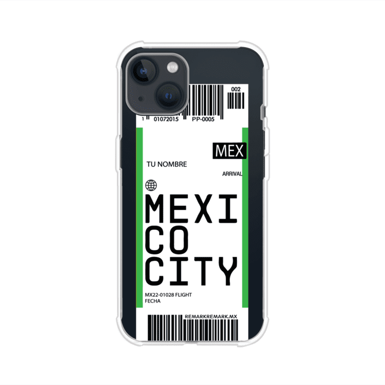 Funda personalizada estilo pase de abordar con diseño de Mexico y código MEX, personalizable con nombre y datos de vuelo; producto de Remark MX para iPhone