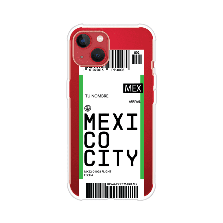 Funda personalizada estilo pase de abordar con diseño de Mexico y código MEX, personalizable con nombre y datos de vuelo; producto de Remark MX para iPhone