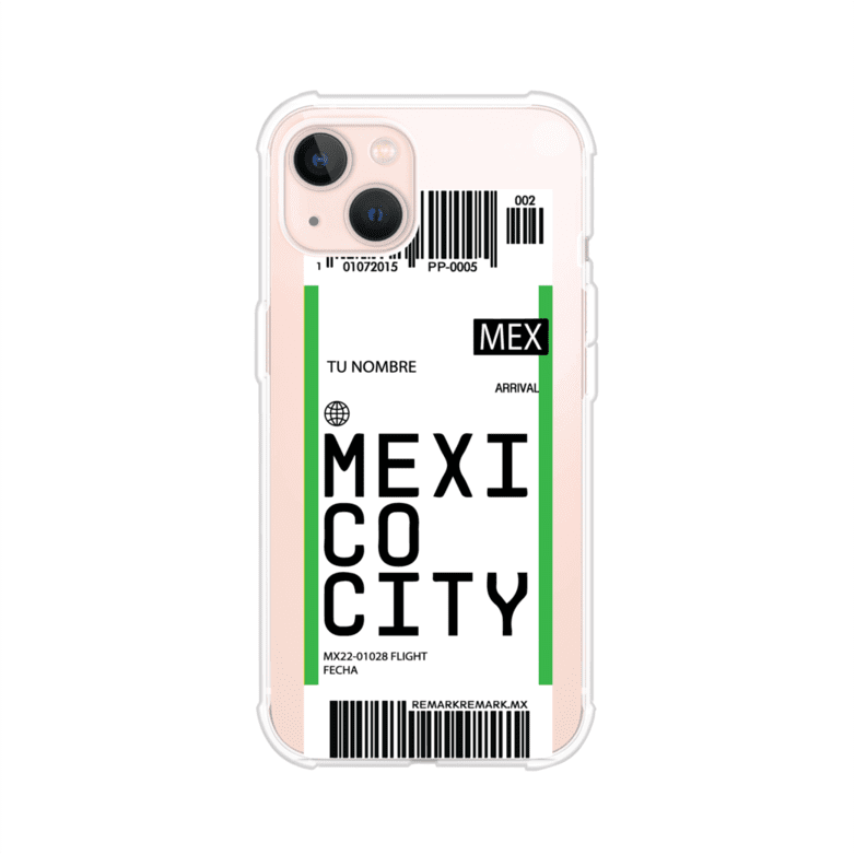 Funda personalizada estilo pase de abordar con diseño de Mexico y código MEX, personalizable con nombre y datos de vuelo; producto de Remark MX para iPhone