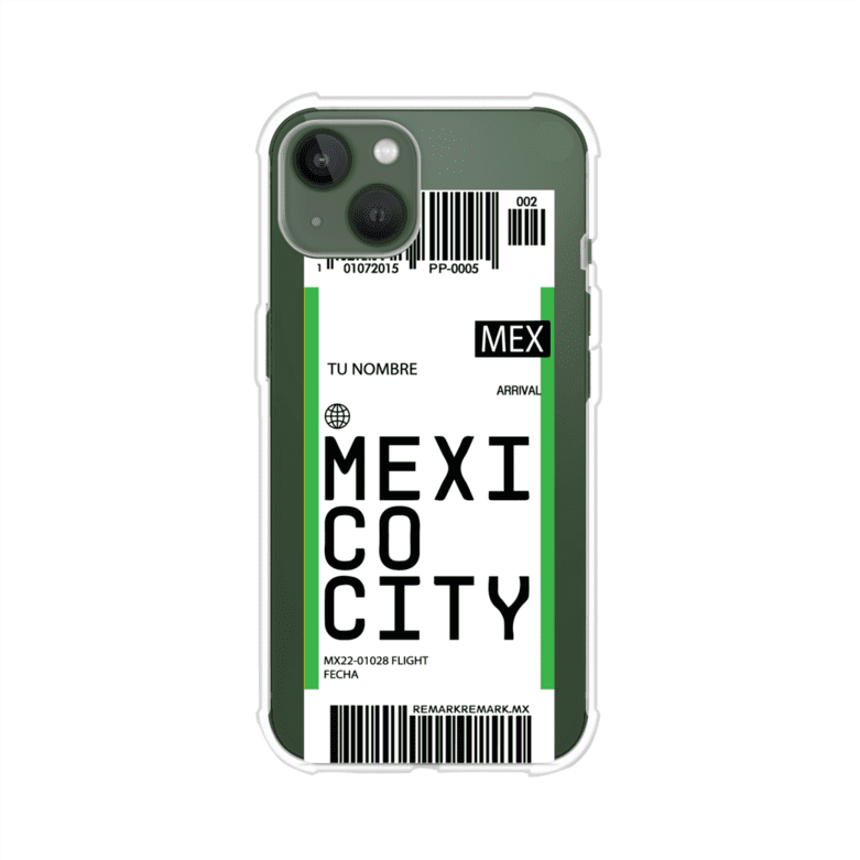 Funda personalizada estilo pase de abordar con diseño de Mexico y código MEX, personalizable con nombre y datos de vuelo; producto de Remark MX para iPhone
