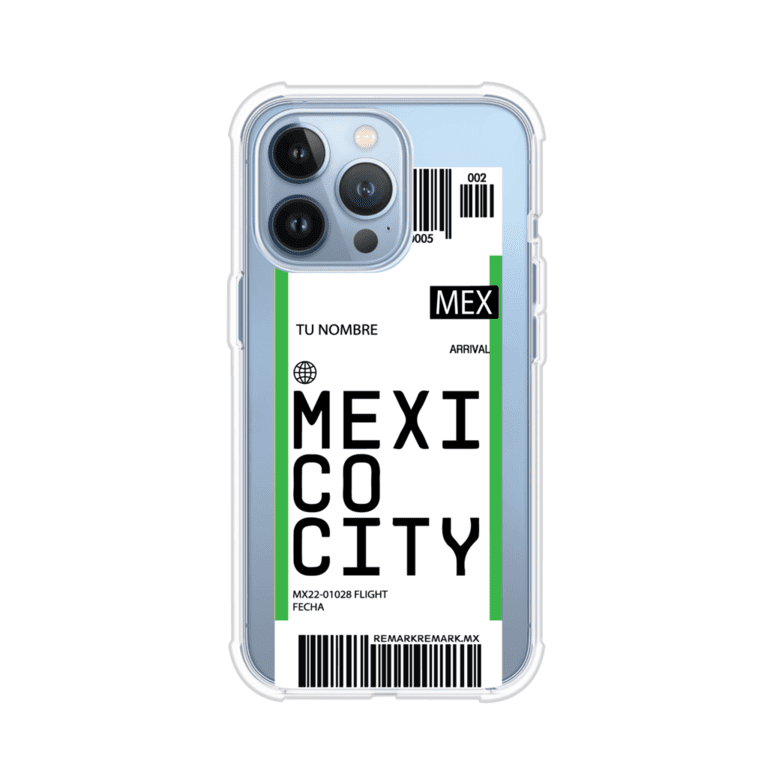Funda personalizada estilo pase de abordar con diseño de Mexico y código MEX, personalizable con nombre y datos de vuelo; producto de Remark MX para iPhone