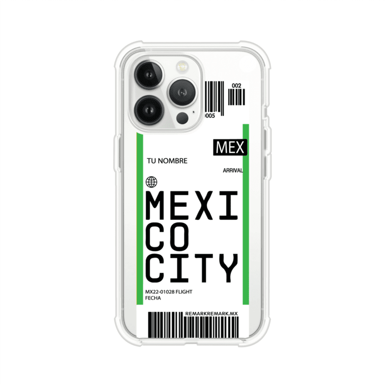 Funda personalizada estilo pase de abordar con diseño de Mexico y código MEX, personalizable con nombre y datos de vuelo; producto de Remark MX para iPhone