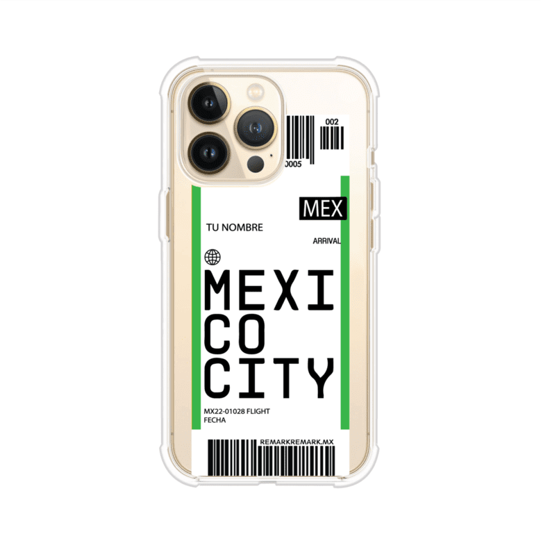 Funda personalizada estilo pase de abordar con diseño de Mexico y código MEX, personalizable con nombre y datos de vuelo; producto de Remark MX para iPhone