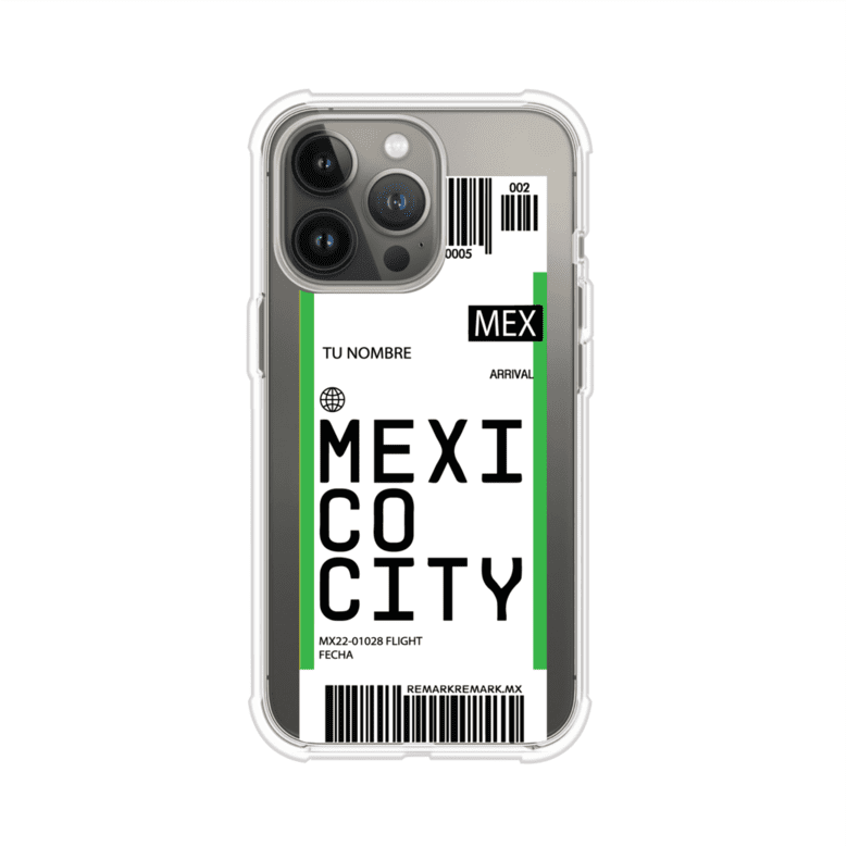 Funda personalizada estilo pase de abordar con diseño de Mexico y código MEX, personalizable con nombre y datos de vuelo; producto de Remark MX para iPhone