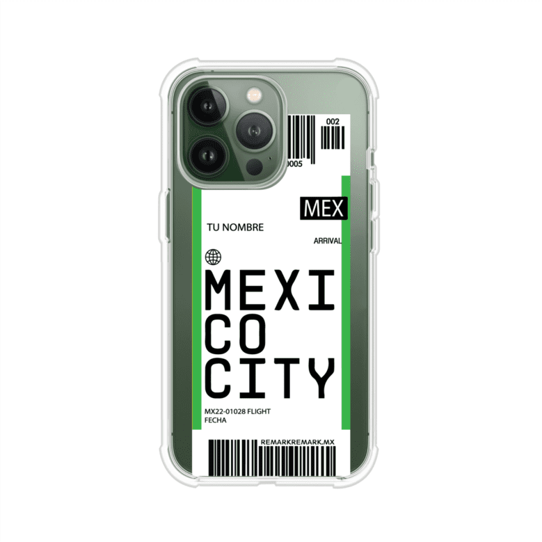 Funda personalizada estilo pase de abordar con diseño de Mexico y código MEX, personalizable con nombre y datos de vuelo; producto de Remark MX para iPhone