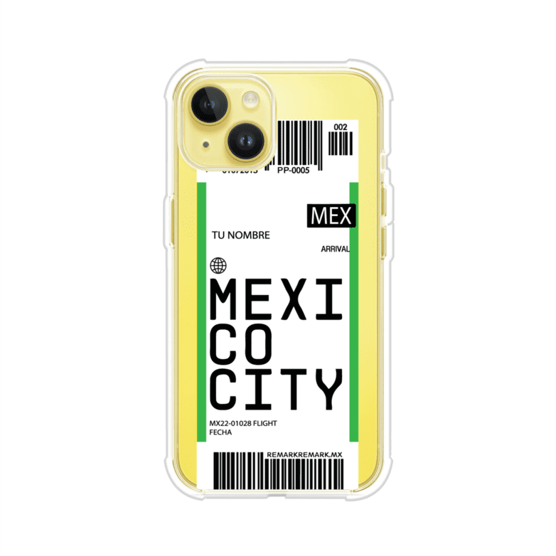 Funda personalizada estilo pase de abordar con diseño de Mexico y código MEX, personalizable con nombre y datos de vuelo; producto de Remark MX para iPhone