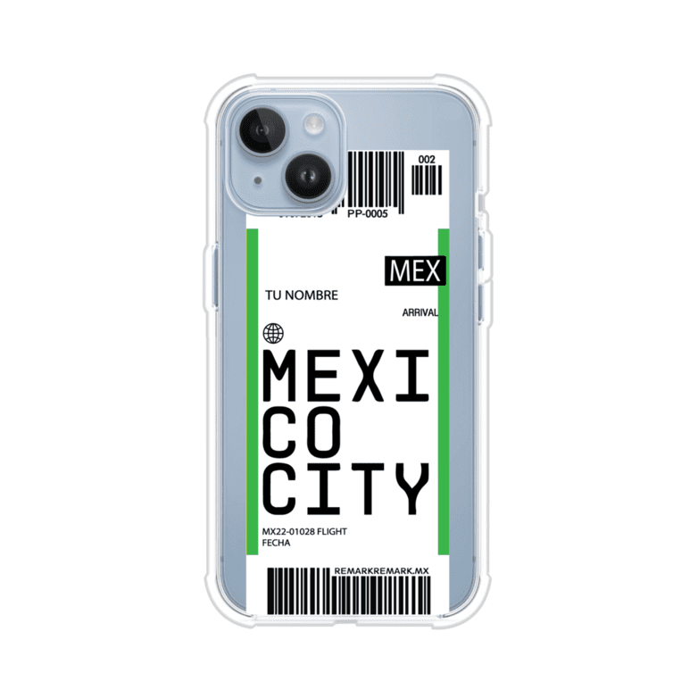 Funda personalizada estilo pase de abordar con diseño de Mexico y código MEX, personalizable con nombre y datos de vuelo; producto de Remark MX para iPhone