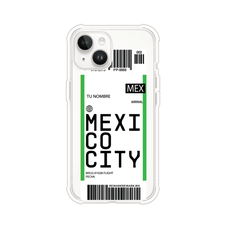 Funda personalizada estilo pase de abordar con diseño de Mexico y código MEX, personalizable con nombre y datos de vuelo; producto de Remark MX para iPhone